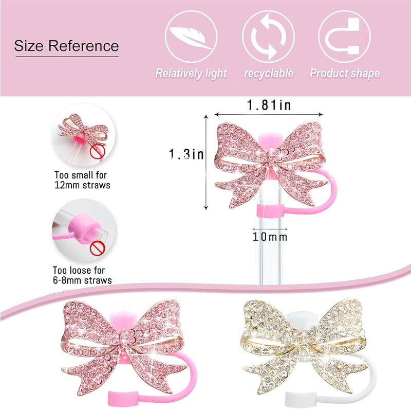 SEMATA 2PCS Cute Bow Straw Cover Cap for Stanley Cup Accessories,Bling Crystals Straw Toppers for Stanley Tumbler 40&30 oz,Rhinestone Reusable Straws Tips Protectors Compatible with 10mm Straws - Image 2